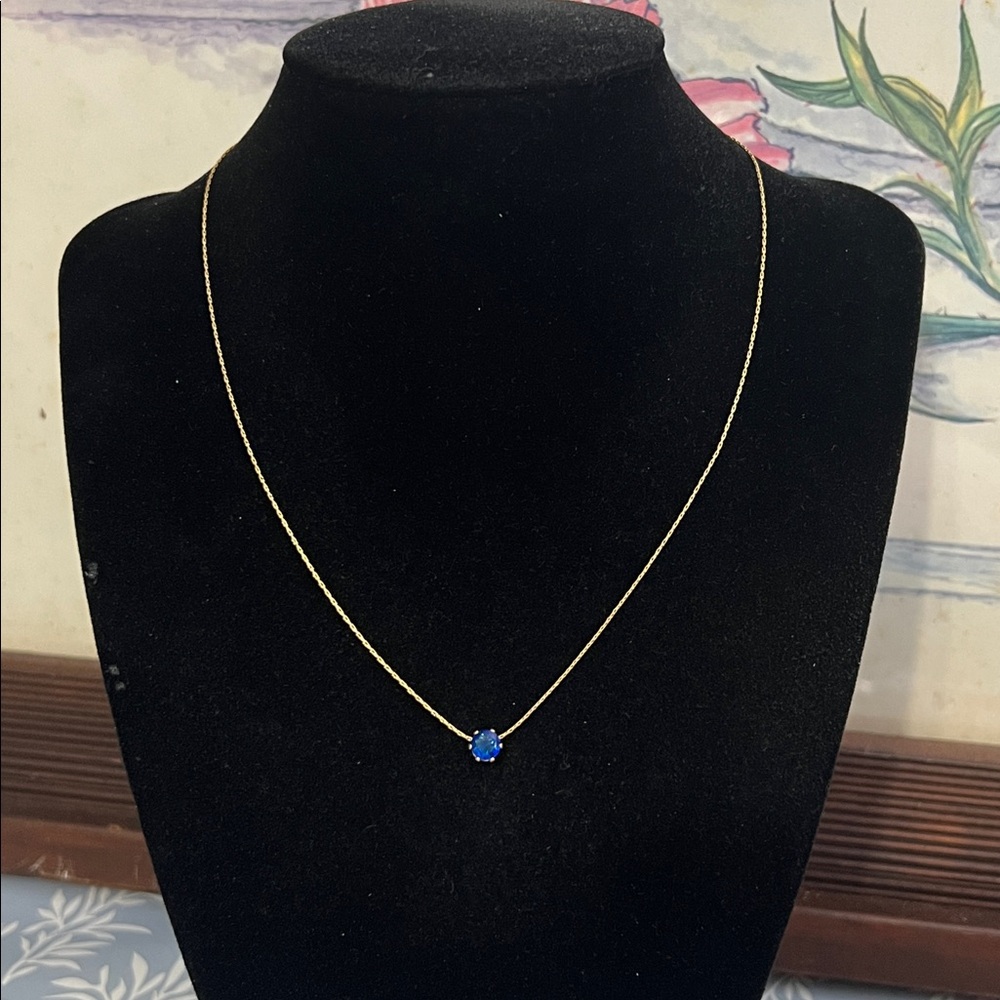 Gold plated stainless steel blue solitaire stone necklace